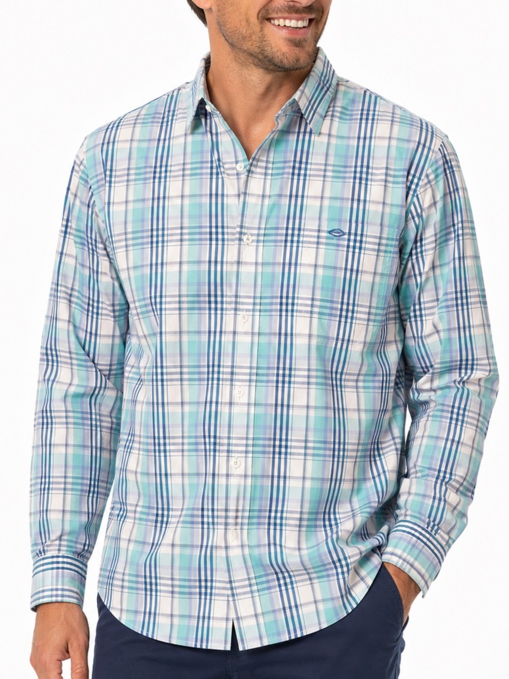 Southern Tide Men's Plaid Button-Down Shirt in Blue and White